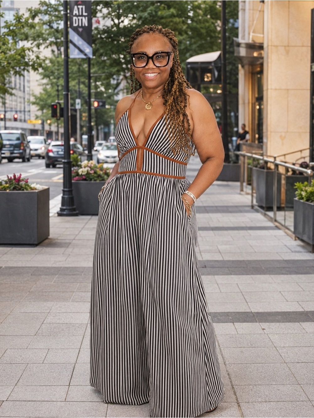 Black & White Striped Maxi Dress with Brown Trim